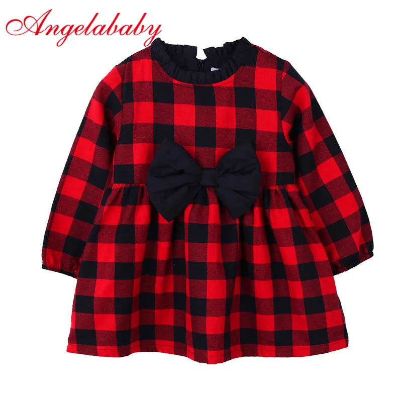 

Baby Girls Dress Red First Birthday Dress For Girl Baby Clothes Long Sleeve Plaid Bow Princess Dress Wedding 2018