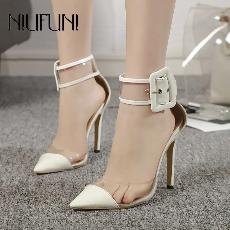 

Pointed Shallow Transparent High Heels Women's Sandals 2019 New Arrival Buckle Color Matching Belt Buckle Fashion Ladies Shoes