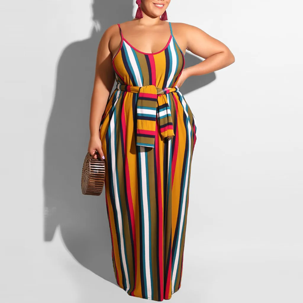 

Spaghetti strap dress Fashion Women Plus Size Sexy Stripe Print Sashes bandage dress 2019 Long Maxi Dress robe femme longue