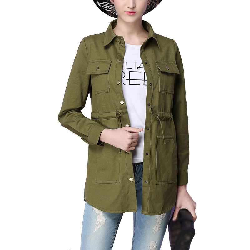 Spring Woman Basic Coats Drawn Rope Waist Pockets Cotton Military Jacket Women Plus Size Jackets