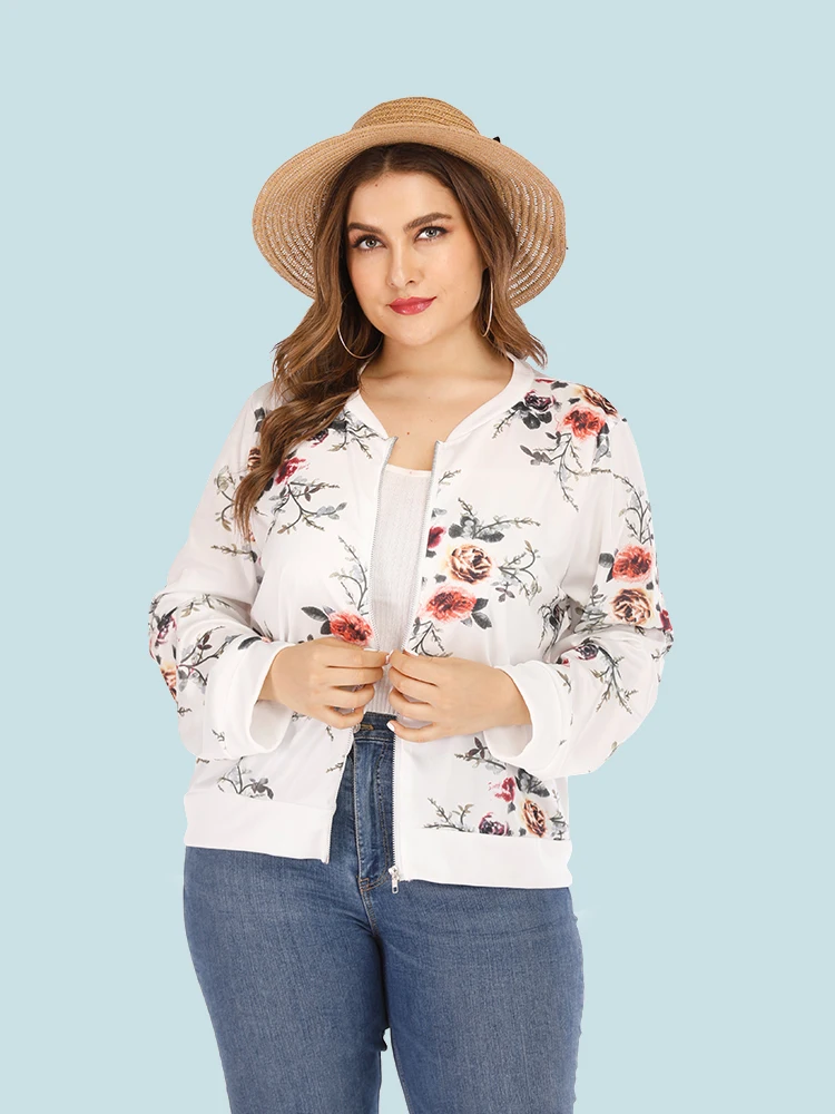 

Spring Summer Women Oversized Slim Jacket Fashion Floral Print Short Jacket Women O-Neck Long Sleeve Zipper Coat Bomber Jacket