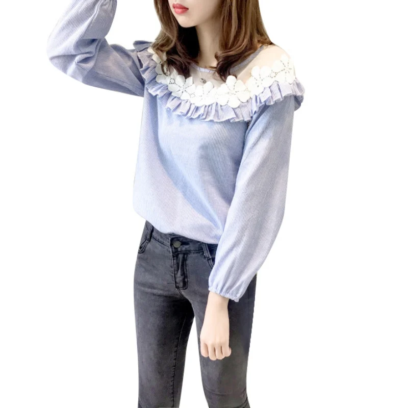 Women Blouse Elegant Bow Blue O Neck Female Blouse Shirt Sexy Summer 2018 Girls Blouse Women Tops Striped Blusas