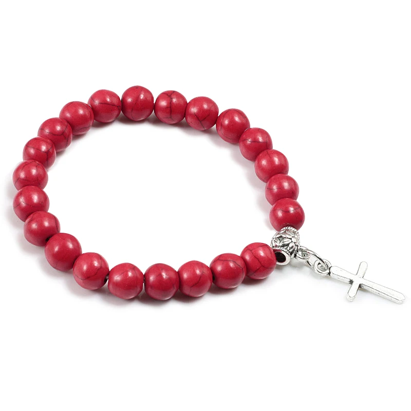

Fashion Red Turquoises Beaded Yoga Bracelets for Unisex Alloy Owl Guitar Key Cross Charm Pendant Couples Bracelet Homme Pulseira