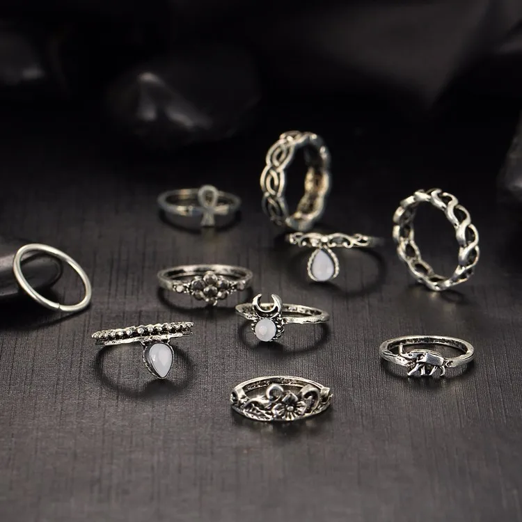 10pcs/set Gold Silver Color Boho Beach Vintage Flower Elephant Midi Knuckle Ring Set 10pcs/set Gold Silver Color Boho Beach Vintage Flower Elephant Midi Knuckle Ring Set
