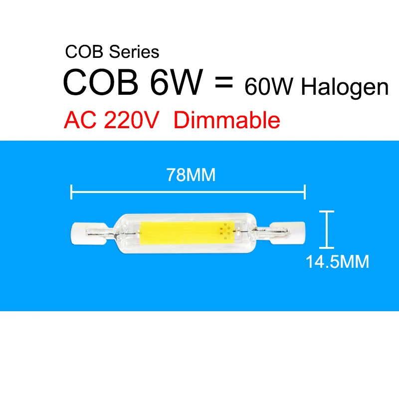 R7S светодиодный лампочка COB стеклянная трубка 78 мм 6 Вт 118 мм 15 Вт лампа с регулируемой яркостью заменить галогенную лампу 80 Вт J118 лампарда диод Точечный светильник AC110V 220 В - Испускаемый цвет: COB 78mm 220V Dim