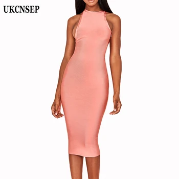 

UKCNSEP Bandage Dress Women Pink O-neck Hollow Out Sexy Backless Evening Party Women Dress Vestidos 2020