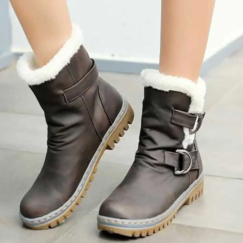 

NEW Fur Leather Boots Women Winter Shoes Platform Shoes Mid Calf Boots Ladies Waterproof Snow Boots Non-Slip Rubber Botas Mujer