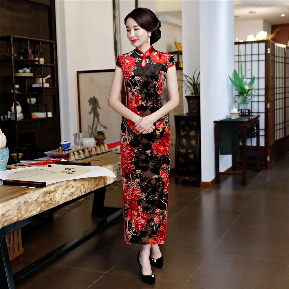 История Шанхай 2018 Новое поступление Для женщин Цветочный принт Cheongsam Длинные китайский Ципао платье в национальном стиле платье