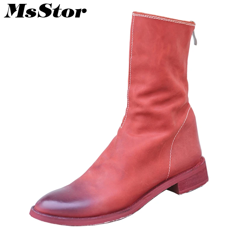 

MsStor Round Toe Square Heel Boots Shoes Woman Casual Fashion Metal Zipper Mid-Calf Boots Women Shoes Genuine Leather Boots 2018