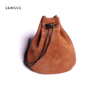 

LEACOOL Split Leather Cheap Coin Purse Coin Purse Genuine Leather Coin Money Organizer Drawstring Pouch Jewelry Packing Bags