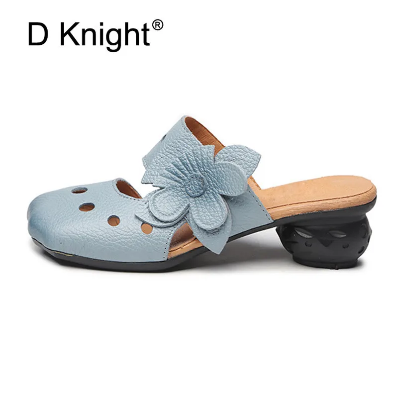 2018 Original Retro Handmade Women Slippers Summer Cow Leather Soft Bottom High Med Heels Slides Flower Hollow Out Female Sandal (10)