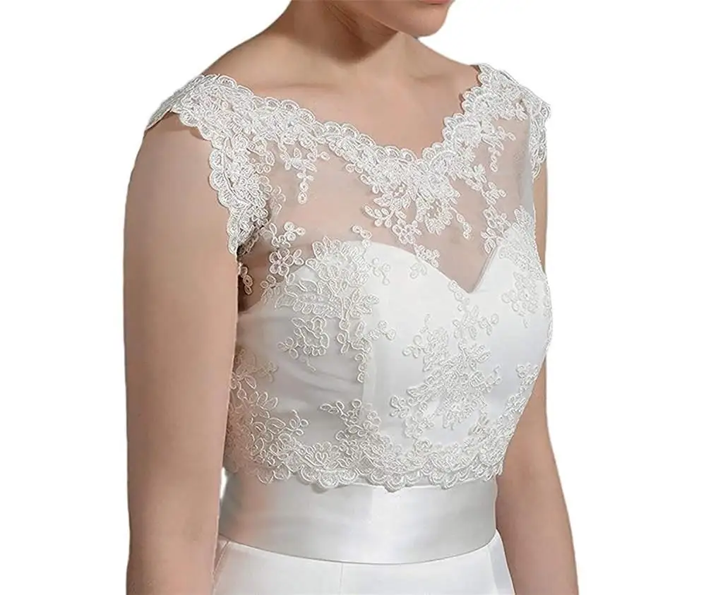 Women's V Neck Lace Appliques Jacket Wedding Bolero Zipper Back with
