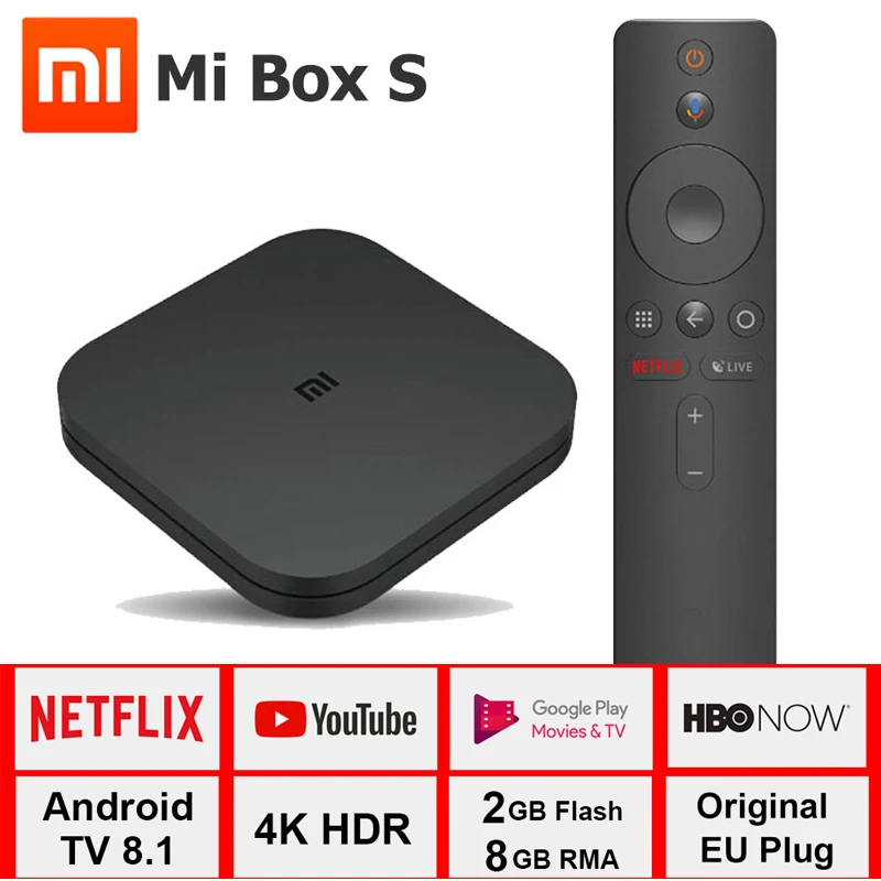  Xiaomi Mi Box S 4K TV Box Cortex-A53 Quad Core 64 bit Mali-450 1000Mbp Android 8.1 2GB+8GB HDMI2.0 