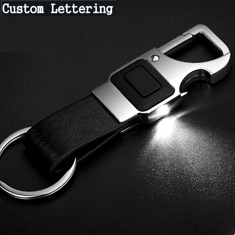 Custom Lettering  Men Leather Key Chain Metal Car Key Ring Multifunctional Tool Key Holder LED,Bottle Opener Keychain QZ2-001