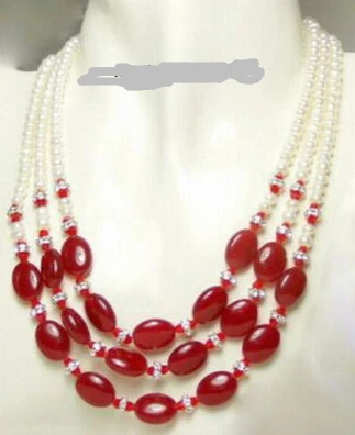 

Jewelr 004476 3 Rows Real White Pearl & Red Agate 18KWGP Clasp Necklace