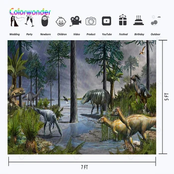 

Dinosaur Theme Photographic Background Jurassic Era Rainforest All Kinds Dinosaurs with Green Plants Backdrops for Kids Birthday