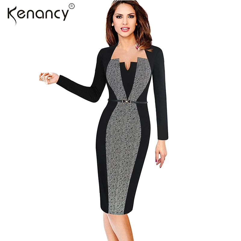 

Kenancy 3XL Plus Size 2 Colors Belted Optical Illusion Patchwork Color Block Office Dress Women Long Sleeve Pencil Vestidos Slim