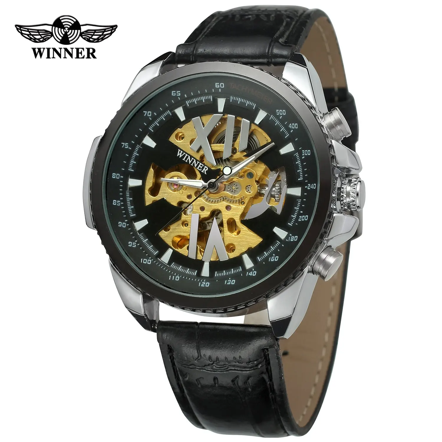 Top Brand Winner New Skeleton Watch Military Style Leather Strap Clock