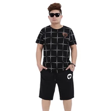 Модный тренд клетчатая печать бутик негабаритных футболка и шорты костюм Лето качество модал хлопок мужские короткие наборы 3XL-8XL