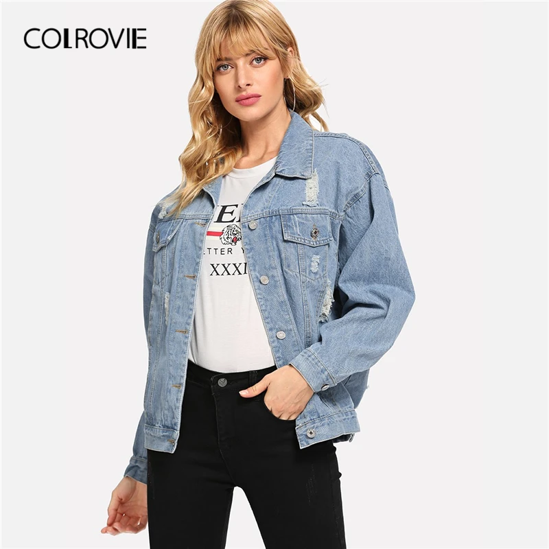 Женская джинсовая куртка COLROVIE синяя рваная однобортная с открытыми плечами