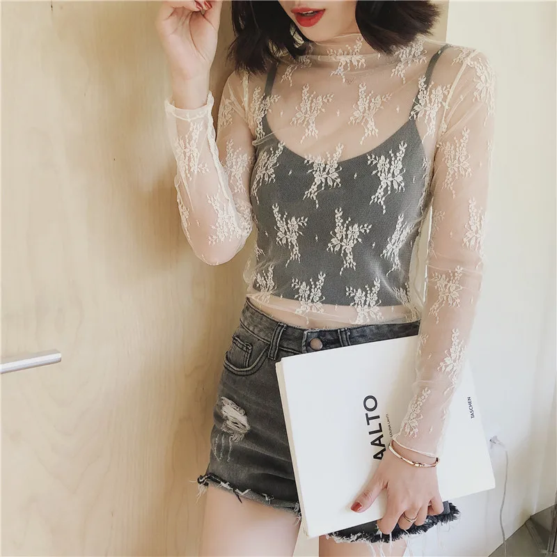 

JSMY New Sexy Mesh Tops Femme Hollow Out T-shirt Women Perspective Flower Lace Bottoming Shirt Fishnet T-Shirt