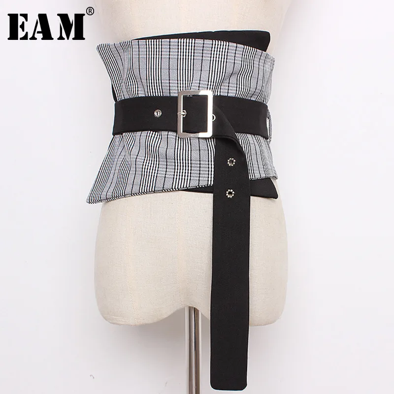 

[EAM] 2019 Spring Summer Women Fashionable Spliced Stripe Lattice Stitch Long Blet Irregular Wide Waist Long Belt LD0416