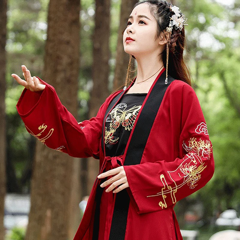 Красный костюм Hanfu из 3 предметов для женщин летняя одежда косплея древний