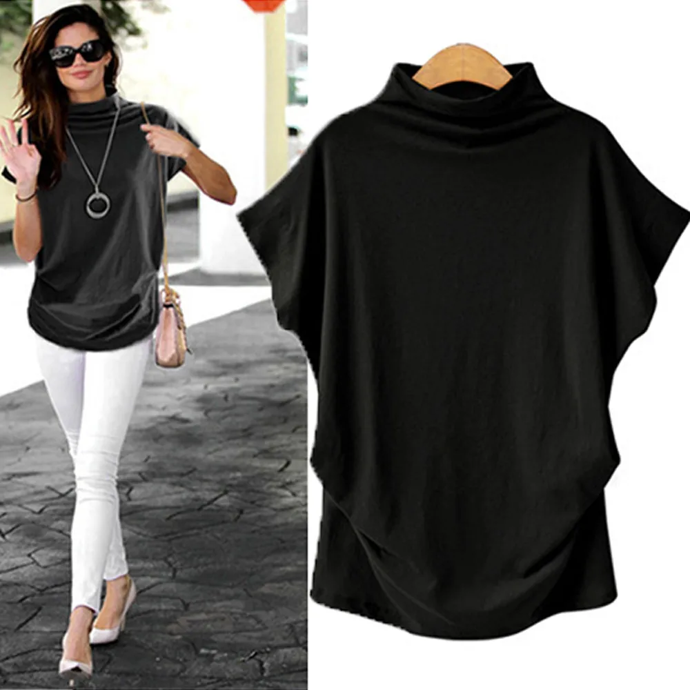 

Women Summer Turtleneck blouse Short Sleeve Cotton Solid Casual Blouse Plus Size Fashion Loose Top blusas mujer de moda #8