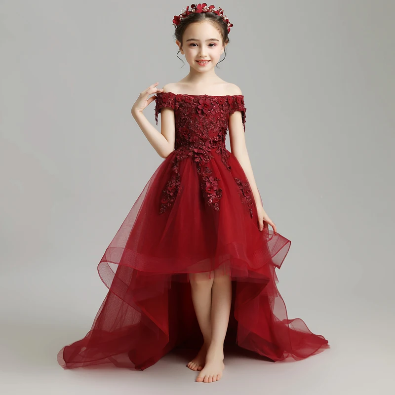

Burgundy Trailing Mesh Dresses Lace Flower Girl Communion Dress Bandage Asymmetrical Prom Gown Wedding Pageant Children Clothing