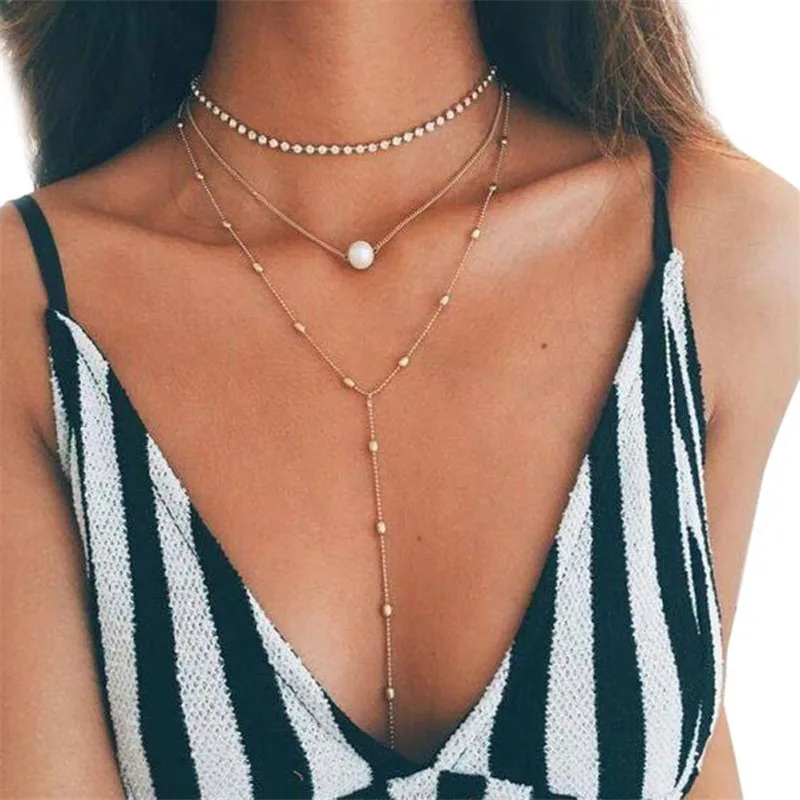 

Simple Women Fashion Accessories Gold Three-layer Pearl Chain Necklace Flash Gift Delicate New Arrival Beauty necklace