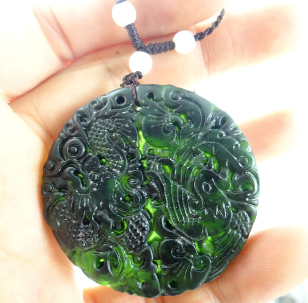 

50*50MM Wholesale natural Chinese hand-carved statue of Dragon and Phoenix amulet pendant necklace NN94