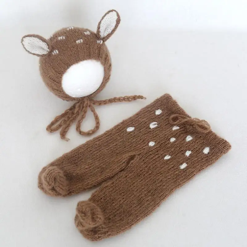 

Christmas outfit Newborn Reindeer Bonnet and romper set Knit Mohair baby Deer Sitter hat Photography props