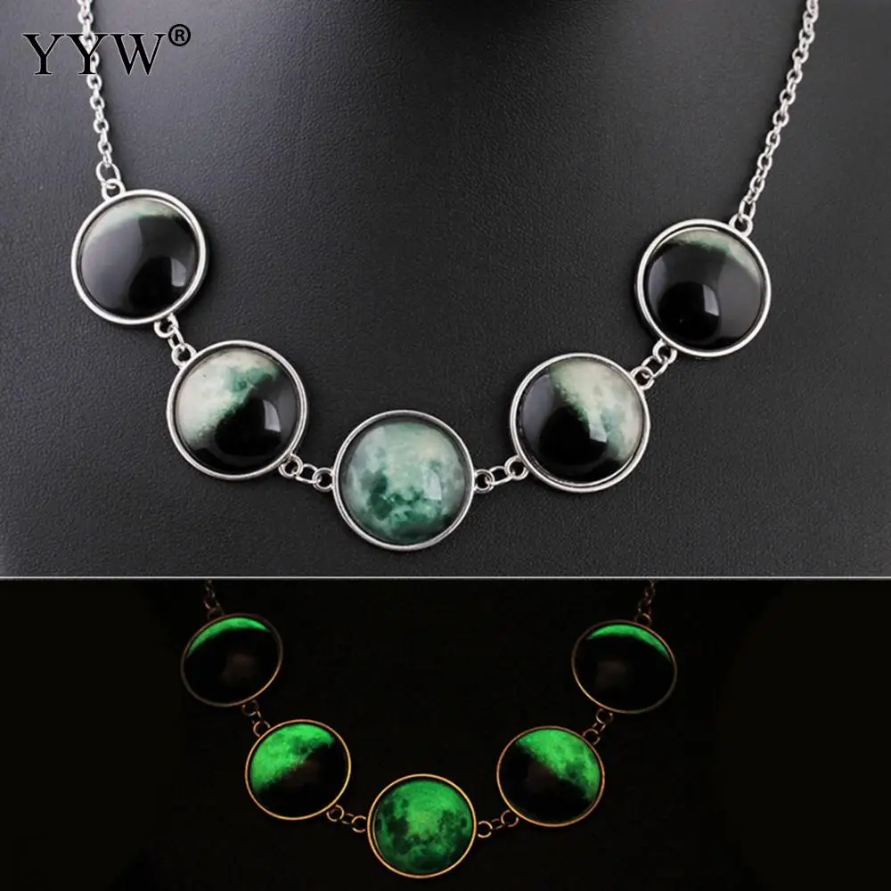 

Glow In The Dark Lunar Moon Phase Chain Necklace Vintage Luminous Necklace Chic Glass Cabochon Necklace Women Statement Jewelry