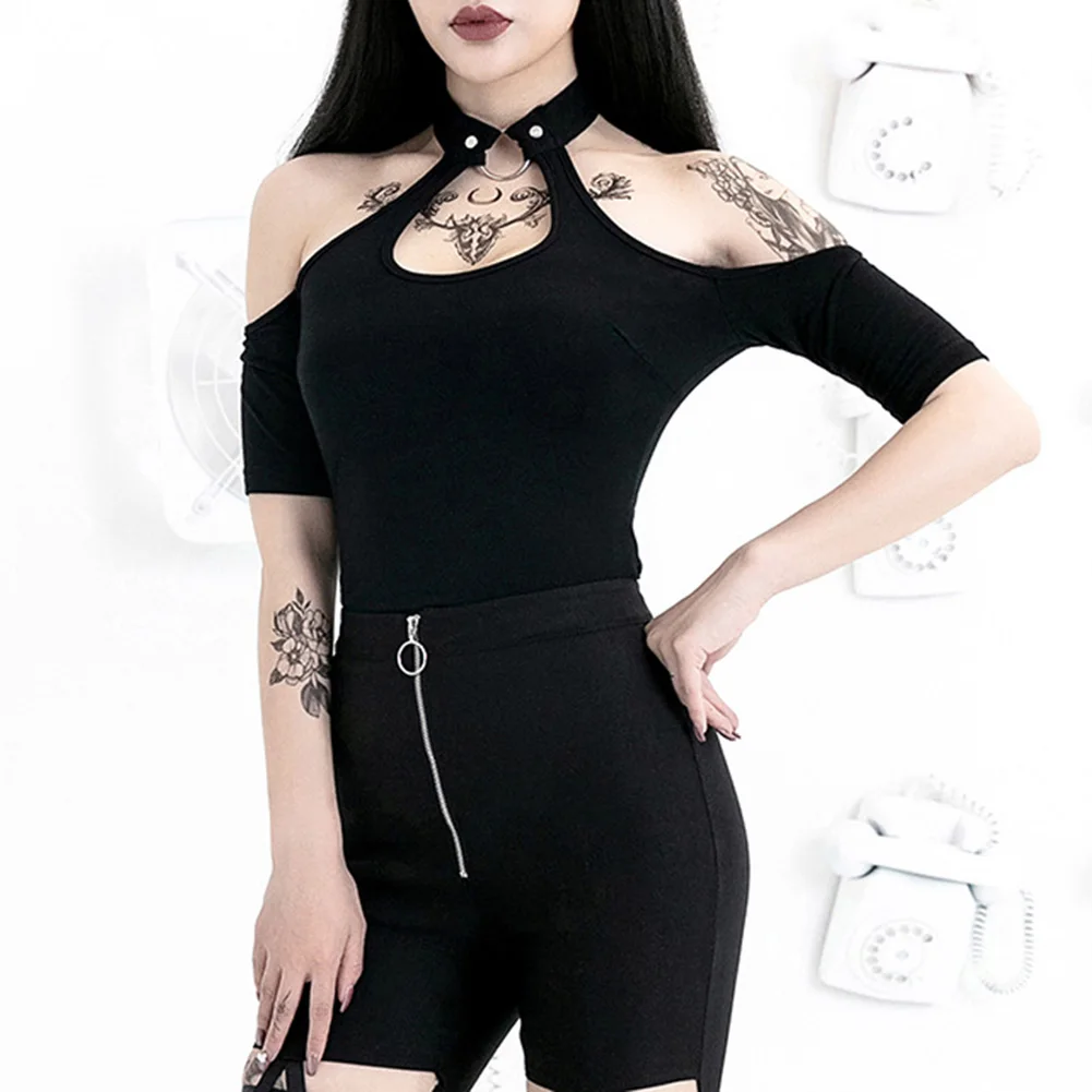 

2019 Sexy Punk Rock Halter T-Shirt Black Short Sleeve Female Slim T-Shirt Summer Women Fashion Cotton Gothic Placket Sexy Tops