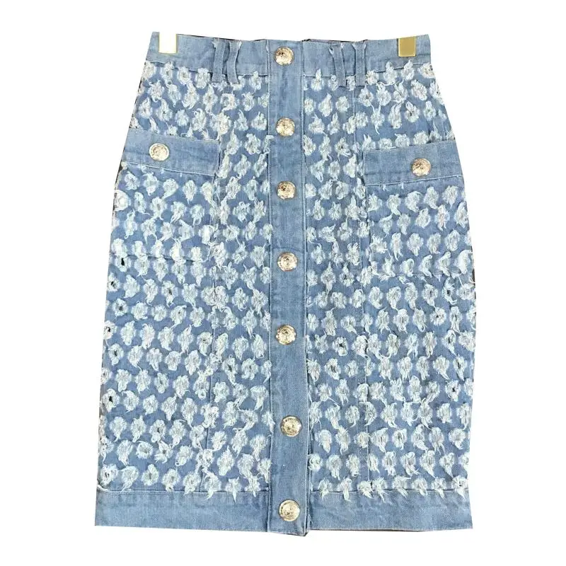 Летняя новая однобортная юбка с двойным карманом и металлической пряжкой и цветочным принтом джинсовая юбка