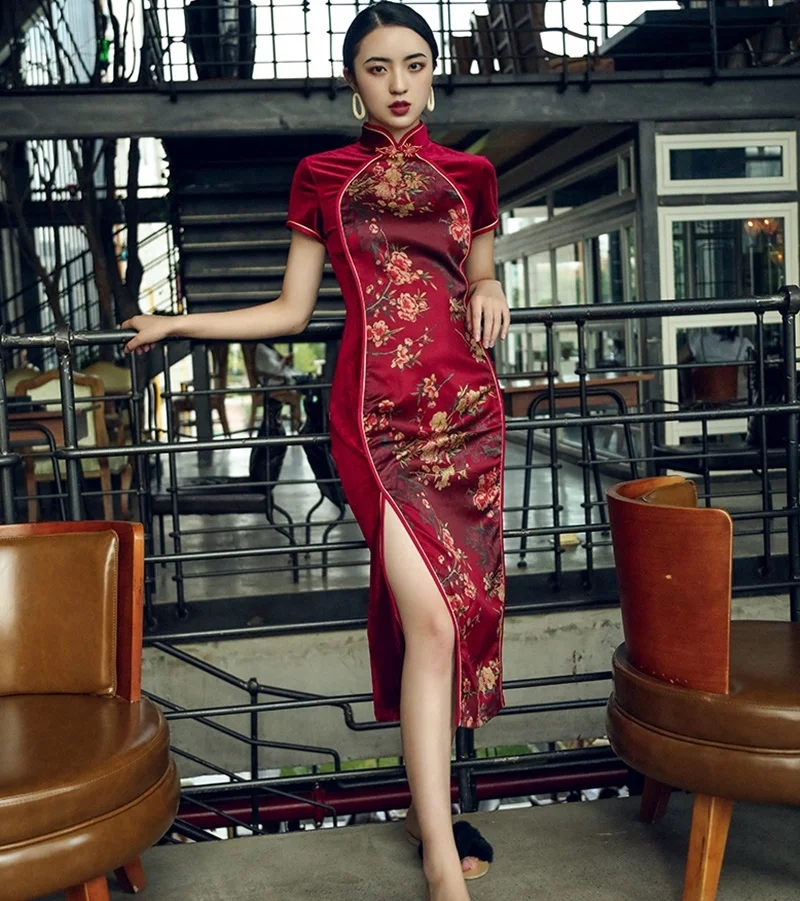 Китайское стильное платье Cheongsam Qipao бархатное лоскутное платье с разрезом миди элегантные китайские платья вино сексуальное восточное платье FF1751