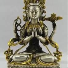 Тибетский тибетский буддийский Серебряный Бодхисаттва четыре руки Будда Куан йин статуя