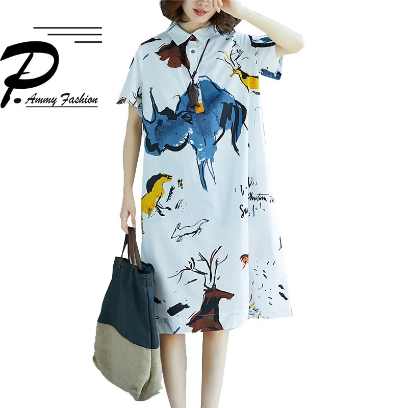 

Women Plus Size Mid-Long Graffiti Blouse 2018 Summer Turn-down Collar Short Sleeves Oversized Long Tunic Ladies Casual Shirt