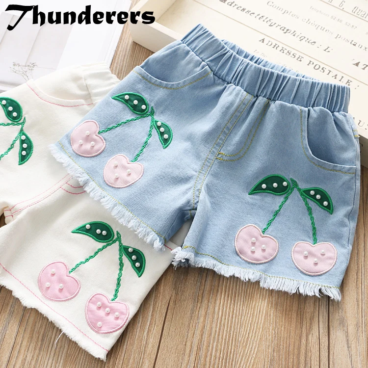 

Thunderers Summer Kids Jeans For Girls Cartoon Cherry Children's Short Pants Casual Cute Girl Denim Toddler Baby Clothes 24M-6Y