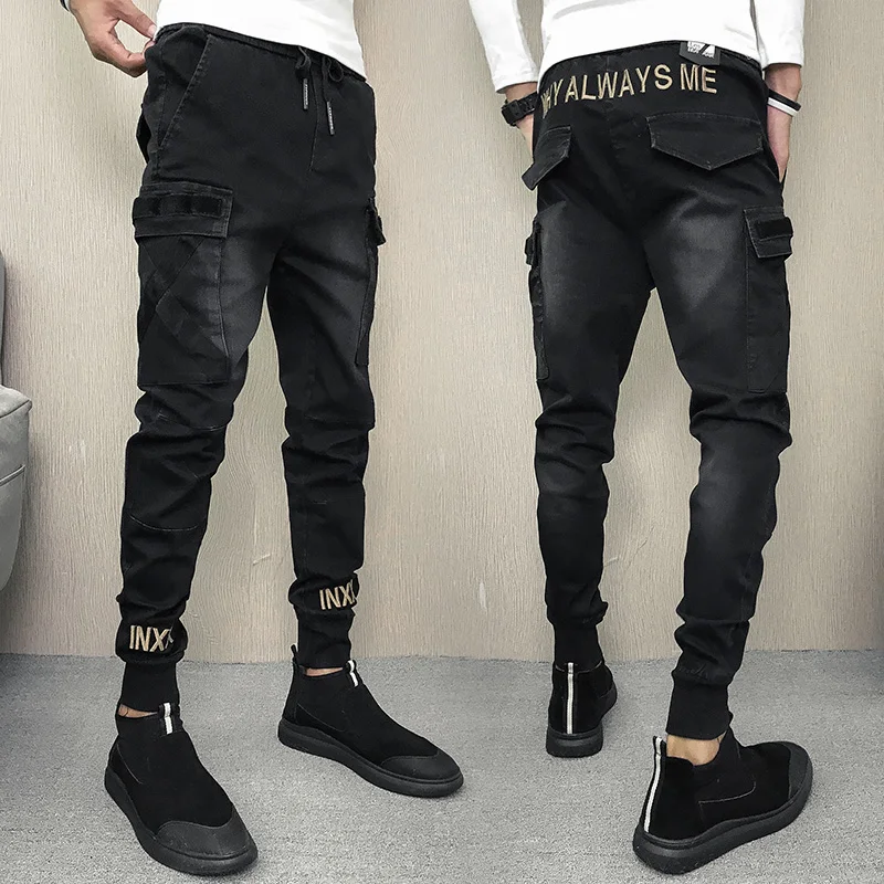 

High Street modis mens black jeans slim fit pantalon homme pencil pants streetwear embroidery denim fashions trousers casual