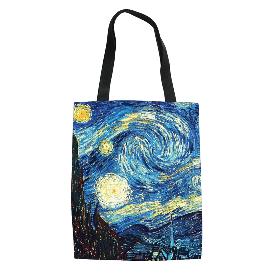 

Famous Painting Starry Night Shopping Bags Custom Reusable Handbag Women Shoulder Cloth Pouch Foldable Girl Oil Large Linen Bag
