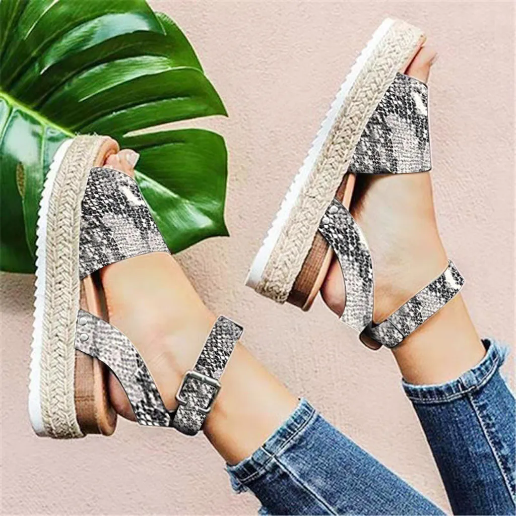 

2019 Summer Sandals Womens Open Toe Ankle Pumps Straw Thick Bottom Shoes Snake Grain Roman Sandalsfemme ete shoes