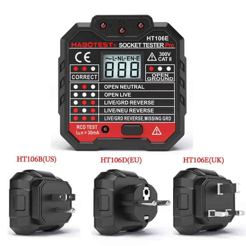 

HT106B HT106D HT106E Digital display socket tester plug polarity phase check detector Voltage test multi-function electroscope