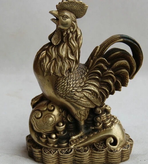 

313@g++8" Chinese Folk Brass Zodiac Year Cock Rooster Wealth Rich Ru Yi Money Statue