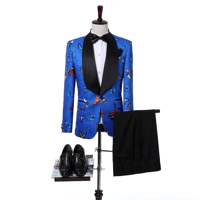 

New Arrival Royal Blue Butterfly embroidery jacquard Groomsmen Shawl Lapel Groom Tuxedos Men Suits Wedding (Jacket+Pants+Tie