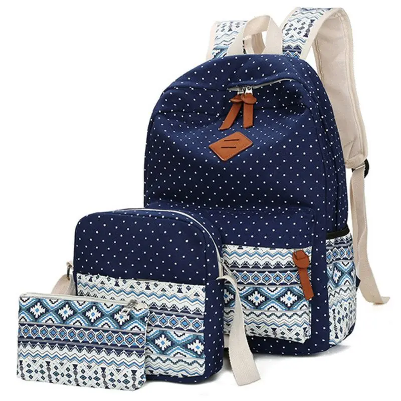 

3 pcs/set Polka Dot Printing Women Backpack Cute Lightweight Canvas Bookbags Middle High School Bags Rucksack for Teenage Girls