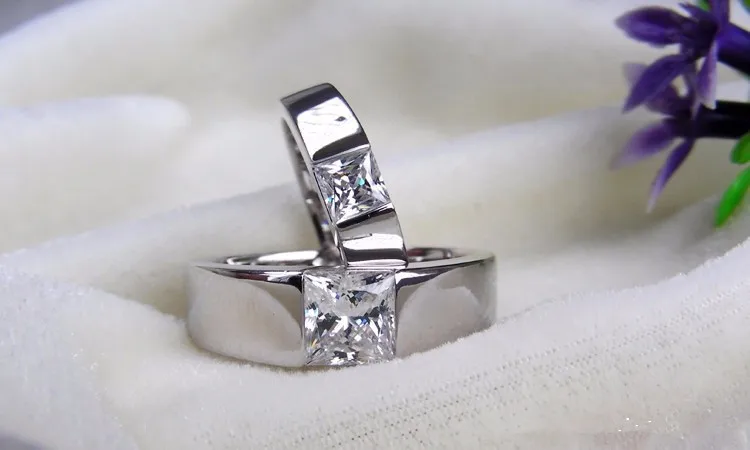 Всего 1.5Ct Принцесса Cut влюбленных Кольцо 925 пробы серебро женское кольцо и ему Роскошные Качество Пара Кольца