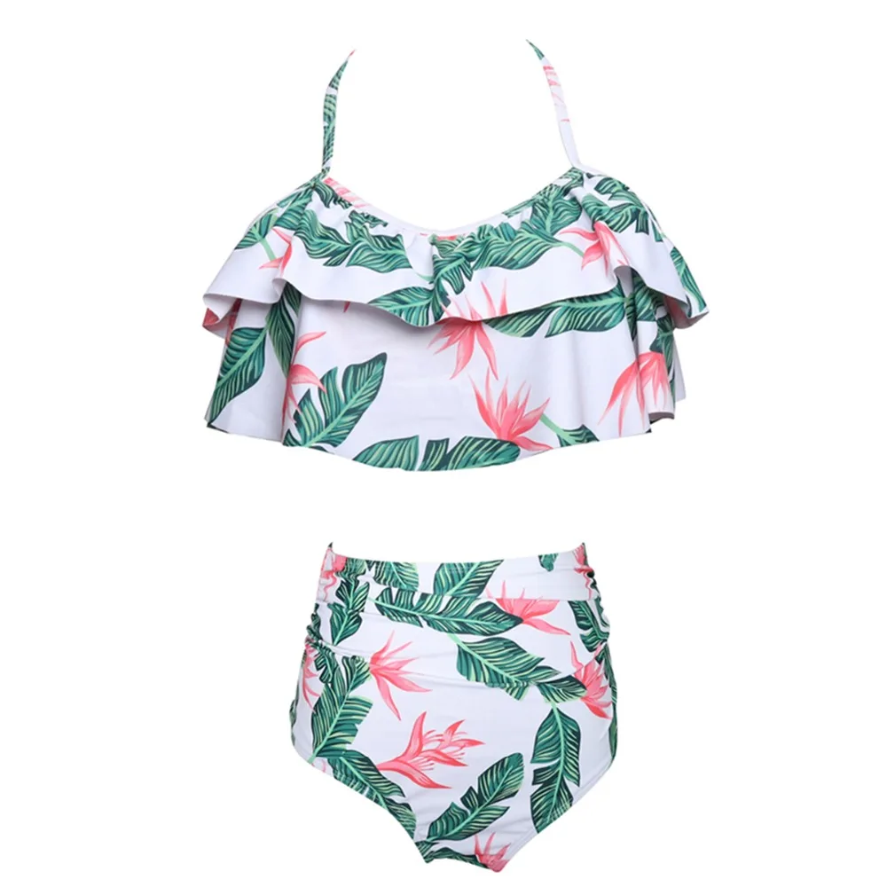 1 Green Leaf Ruffle High Waist Woman Swimsuit 2019 Summer Swimwear Bikinis Bather Suit Push Up Tankini Swimsuit Fused For Girls
