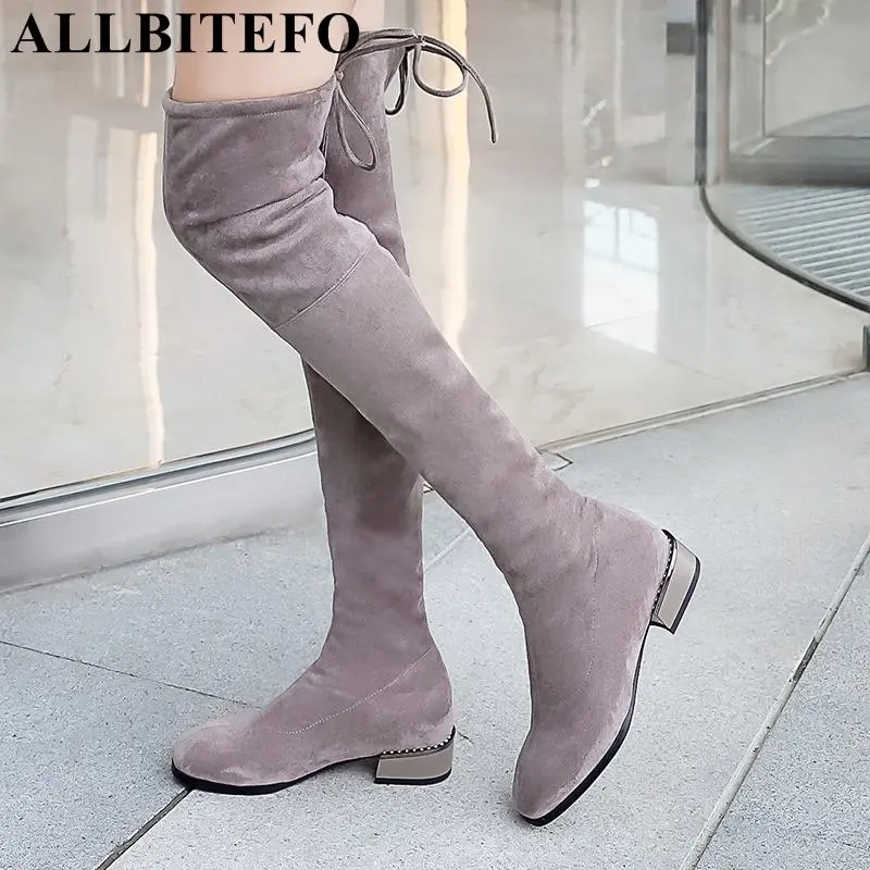 

ALLBITEFO fashion soft comfortable flock low heel ladies women boots women knee high boots sexy thigh high boots for woman shoes