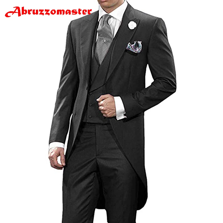 Abruzzomaster, 8 цветов, утренние костюмы, на заказ, мужской костюм, пиджак+ двубортный жилет+ брюки для жениха, смокинги, костюм жениха - Цвет: Черный